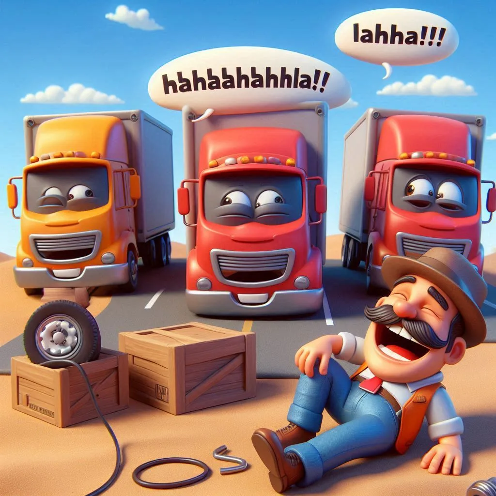 Funny cartoon image showing jokes about trucks with a laughing driver
