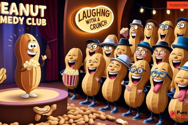 Peanut Jokes That’ll Make You Laugh Out Loud Cartoon peanut laughing while holding a joke card.