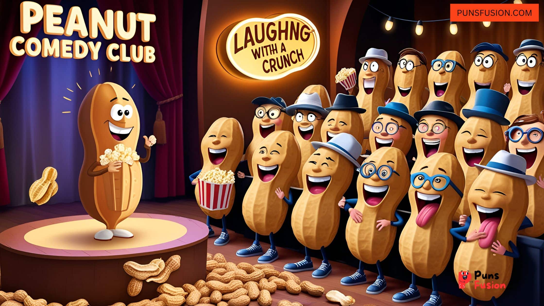 Cartoon peanut laughing while holding a joke card.