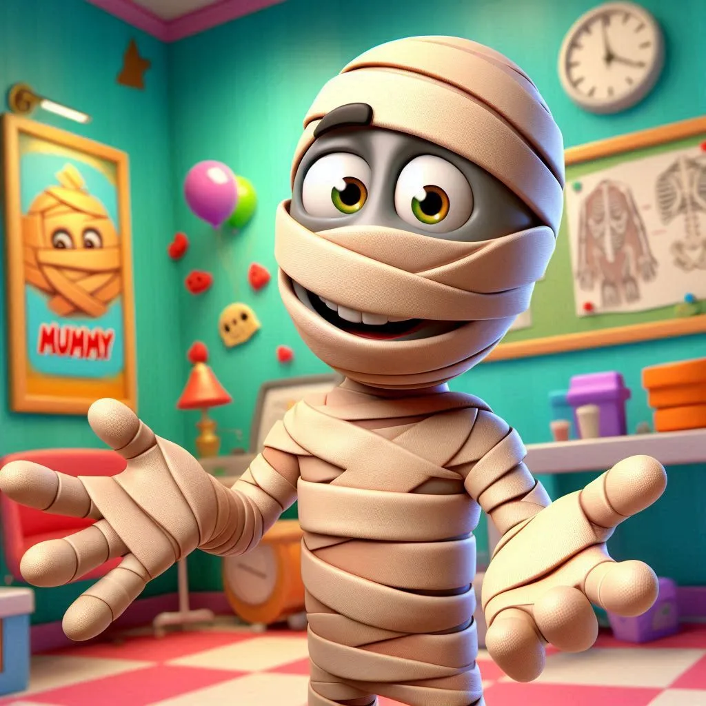 A cartoon mummy laughing with pun-filled speech bubbles.
