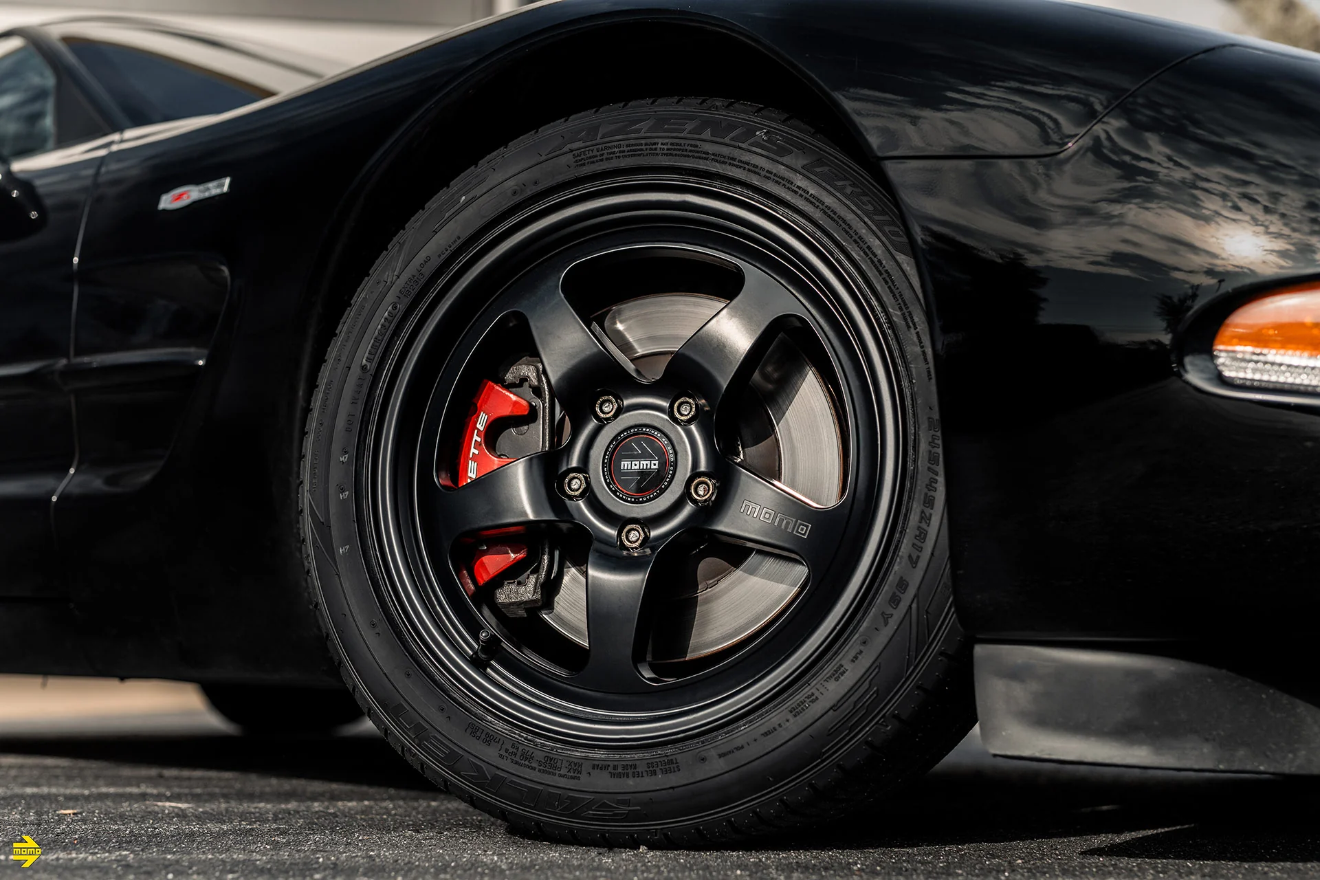 Momo performance tire mounted on a silver sports car in daylight