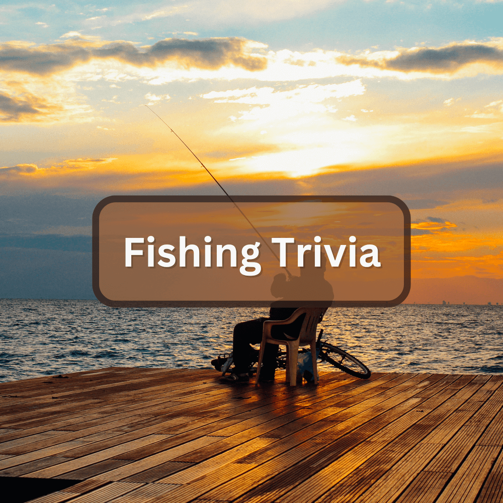 An angler fishing in a calm lake with trivia facts floating in the background.